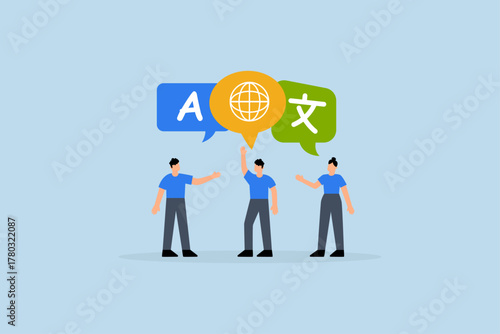 Language learning, young adults conversing with foreign international language symbol.