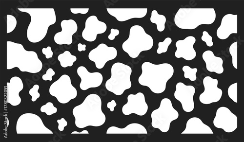Vector cow print pattern background. Black irregular patches on white backdrop. Abstract cow skin or fur texture.