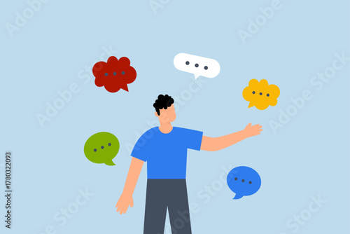 oral communication skill, entrepreneur engaging in conversation with several dialogue boxes.