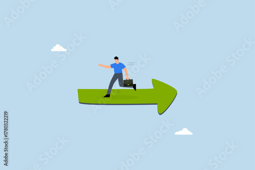 Wrong direction lead to mistake, perplexed entrepreneur sprinting in the incorrect direction of the trend arrow.