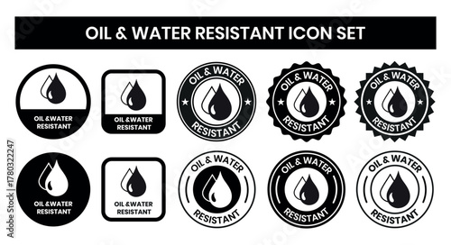 Oil and Water Resistant Logo Badge – Vector Icon for Business Information and Product Labels. Oil and Water Resistant icon, sticker, label, emblem, stamp, symbol, black, line, flat vector.