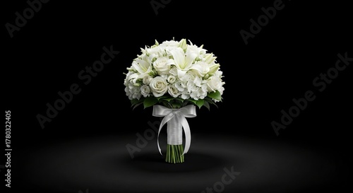 Allwhite bouquet of roses  lilies tied with white ribbon stands against a black backdrop