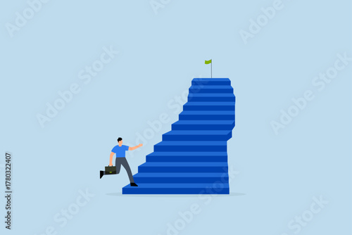 Stair to success, businessman running up stair to reach goal.