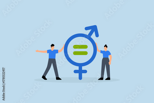Gender equality, businessman and woman holding gender equality symbolic.