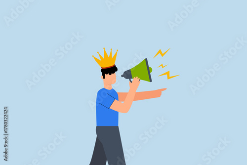 Big boss, angry business leader yelling into megaphone while gesturing direction.