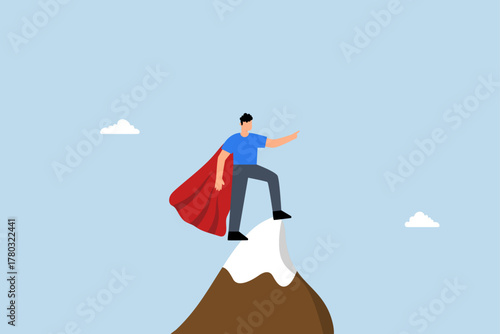 Ambition to success, accomplished entrepreneur hero raising finger upwards on summit.