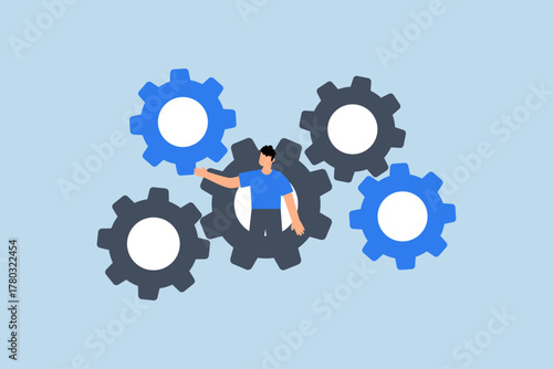 Process and workflow optimization, businessman on gear, cogwheels optimize process.