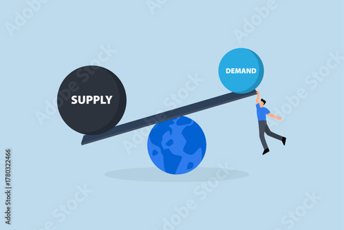 Demand vs supply balance, Entrepreneur grasping a seesaw representing the equilibrium of demand and supply on Earth.