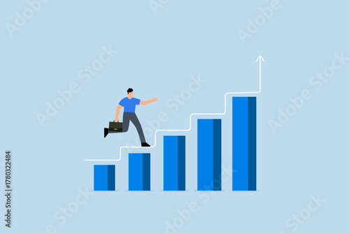 improvement to success, entrepreneur ascends success chart and graph with steps to achievement.