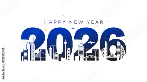 Vector illustration of 2026 happy new year typo with modern high rise building design and city skyline background.
