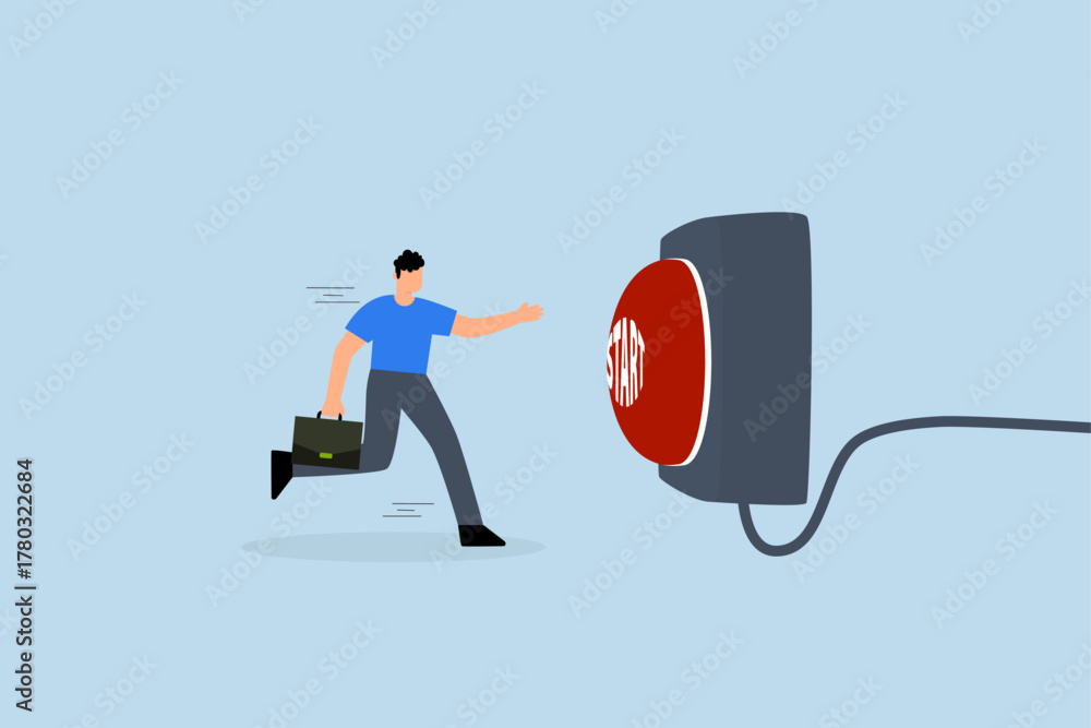 © dwara - Push start button to start new business, businessman run to push red start button. © dwara - Push start button to start new business, businessman run to push red start button.