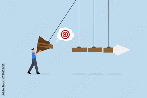 Business impact, businessman push dart pendulum to reach target.