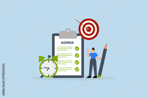 Meeting agenda, Intelligent businesswoman grips pencil to draft meeting agenda alongside clock.