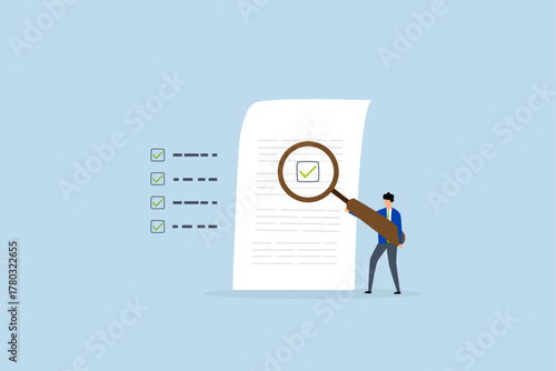 review document, businessman with magnifier inspect document.