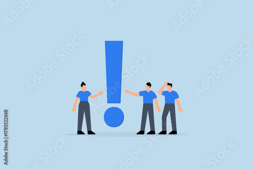 Big exclamation mark for important information, business professionals contemplating significant issue exclamation point.