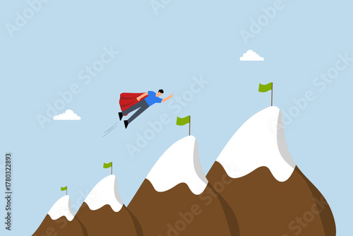 Challenge to achieve success milestone, entrepreneur superhero soars to mountain peak.