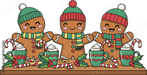 Gingerbread family enjoying cocoa at cozy Christmas table