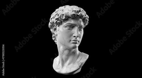 Bust of David a white marble sculpture head against a black background