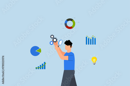 Data analysis chart and report, businessman analyze data with magnifying glass.