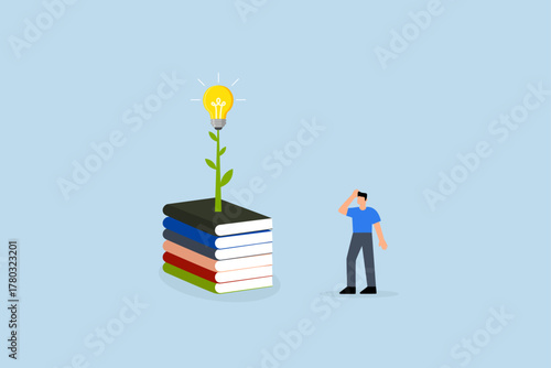 Knowledge, intelligent youthful individual with stack of books alongside light bulb plant.