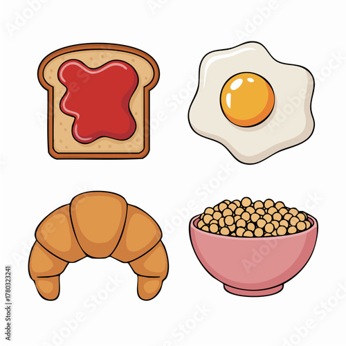 set of 4 breakfast items — toast with jam, fried egg, croissant, and cereal bowl, flat cartoon vector illustration, clean outlines, pastel warm palette, white background