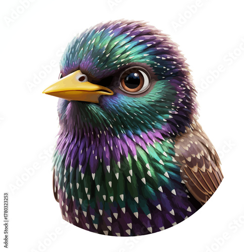 Vibrant portrait of a cute starling bird with shimmering iridescent feathers in purple and green hues, an artistic illustration isolated on a white backdrop