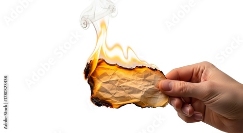 Hand holding burning crumpled paper flames rising smoke curling against a white background