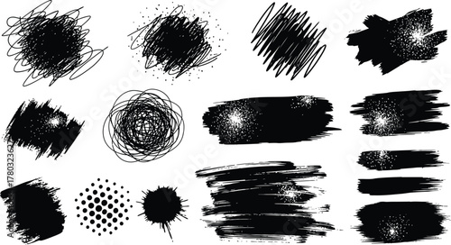 Hand drawn charcoal pencil lines, smears and squiggles set. Scribble black strokes, curly scribbles. Grungy graphite pen art brushes, textured doodle