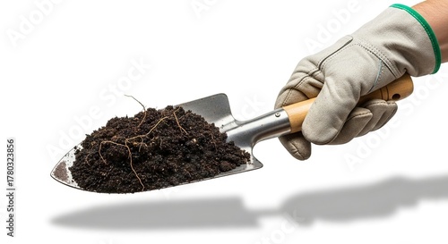 Gloved hand holding trowel with dark soil against white background