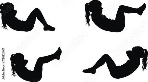 Abdominal exercise silhouette, crunch workout illustration, core training poses, fitness vector set, gym movement icons, black isolated figures