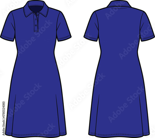 Blue polo dress, short sleeve, front and back view, A-line silhouette, casual fashion, collar detail, button placket, apparel mockup