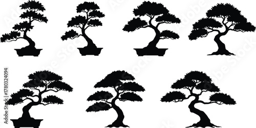Bonsai tree silhouette collection, black bonsai shapes, Japanese miniature trees, artistic pruning styles, nature illustration, zen garden decor, vector icons