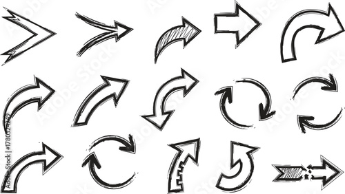 Set of black hand drawn grunge doodle spiral and curved charcoal, chalk arrows on white background. Scribble symbols of direction pointers, swirl arrow elements