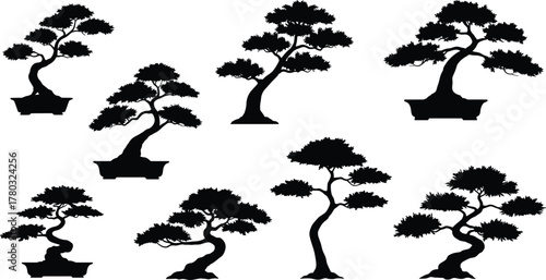 Bonsai tree silhouette, black bonsai vector, artistic bonsai design, miniature tree illustration, Japanese bonsai art, nature, zen, peaceful