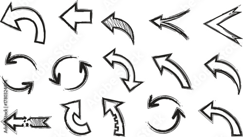 Set of black hand drawn grunge doodle spiral and curved charcoal, chalk arrows on white background. Scribble symbols of direction pointers, swirl arrow elements