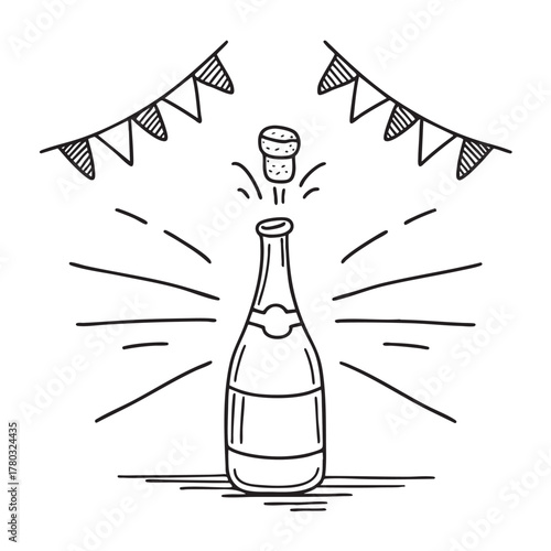 New Year champagne cork popping near a bright celebration banner