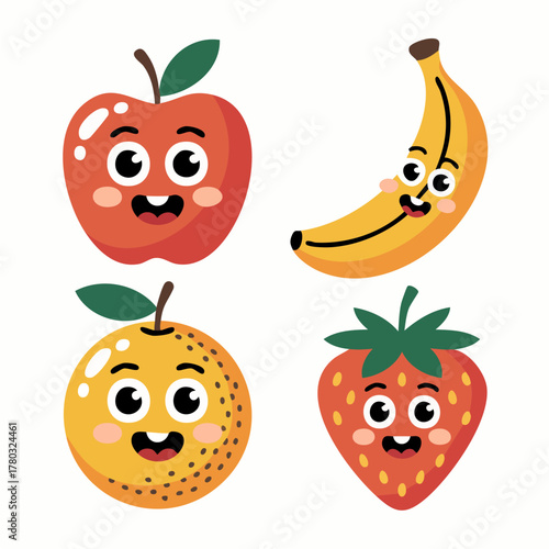 vector set of 4 happy fruits — apple, banana, orange, and strawberry, with smiling faces, cartoon flat style, bold lines, soft pastel tones, minimal design