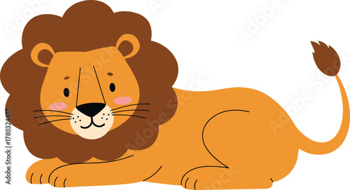 Cartoon lion illustration, cute animal character, relaxed pose, children’s book art, playful jungle theme, friendly expression, educational design, vector