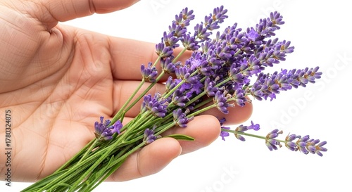 Hand holding a bundle of lavender stems with purple flowers against a white background