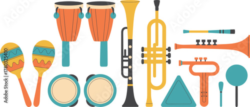 Assortment of Colorful Musical Instruments and Percussion Items maracas congas