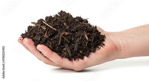 Hand holding a mound of dark soil interspersed with small twigs against a plain white background