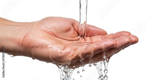 Water pouring onto an open upturned hand with droplets and streams visible against a white backdrop