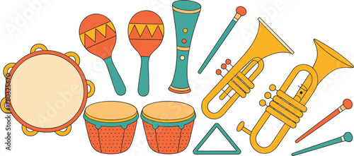 Assortment of Colorful Musical Instruments and Percussion Items maracas drum