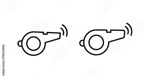 Simple black and white illustration of two referee whistles blowing loudly