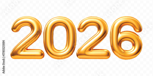 realistic 3d 2026 typography made by with different color foil balloons isolated on transparent background