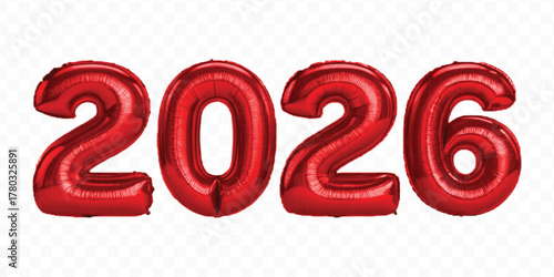 realistic 3d 2026 typography made by with different color foil balloons isolated on transparent background