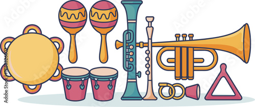 Assortment of musical instruments on white background tambourine maracas
