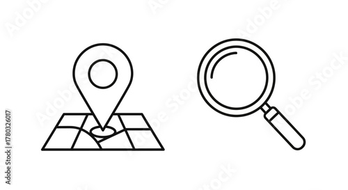 Location pinpoint and magnifying glass icons displayed in a simple outline style
