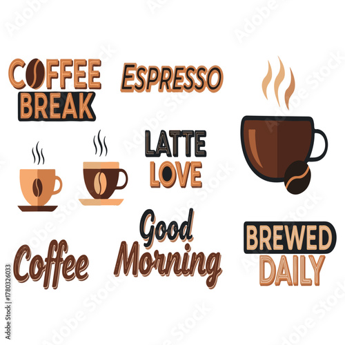 A Collection of Coffee Shop and Morning Love Vector Graphics: Espresso, Latte, Coffee Break, Good Morning, and Brewed Daily Typography Design Elements for Beverage Menus & Stickers
