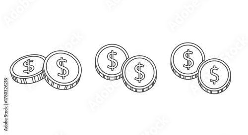 Simple sketch illustration of scattered american dollar coins in a row